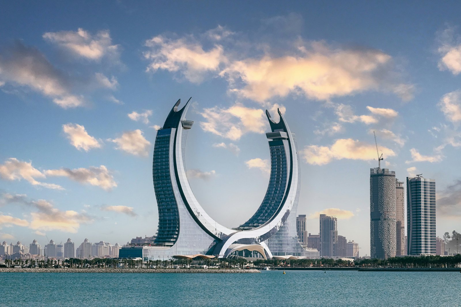Lusail City Qatar Katara Crescent Towers Lusail Marina waterfront 4K